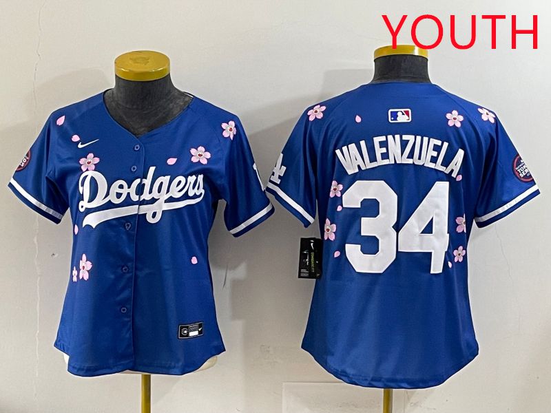 Youth Los Angeles Dodgers #34 Valenzuela Blue Sakura Edition 2025 Nike MLB Jersey style 31